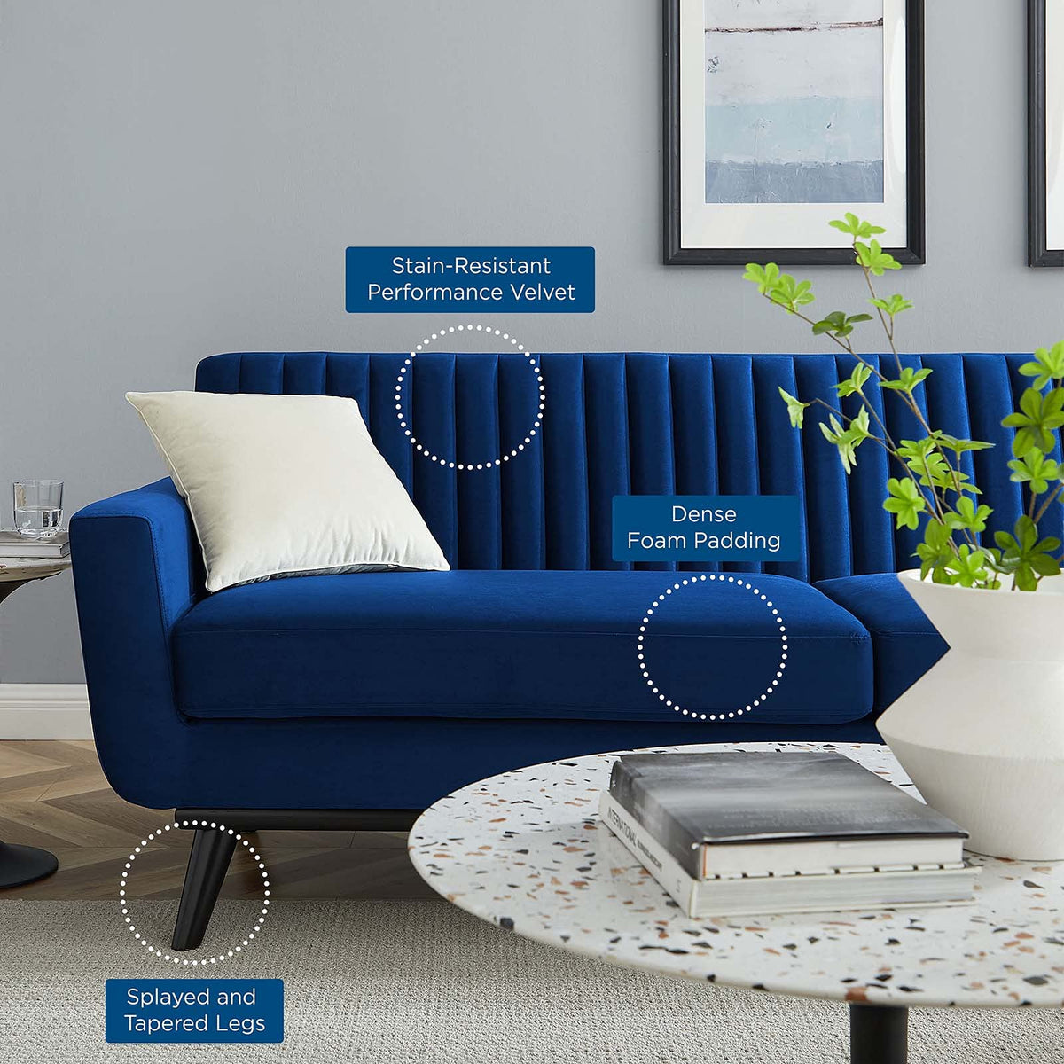 Navy Channel Tufted Performance Velvet Sofa W3830