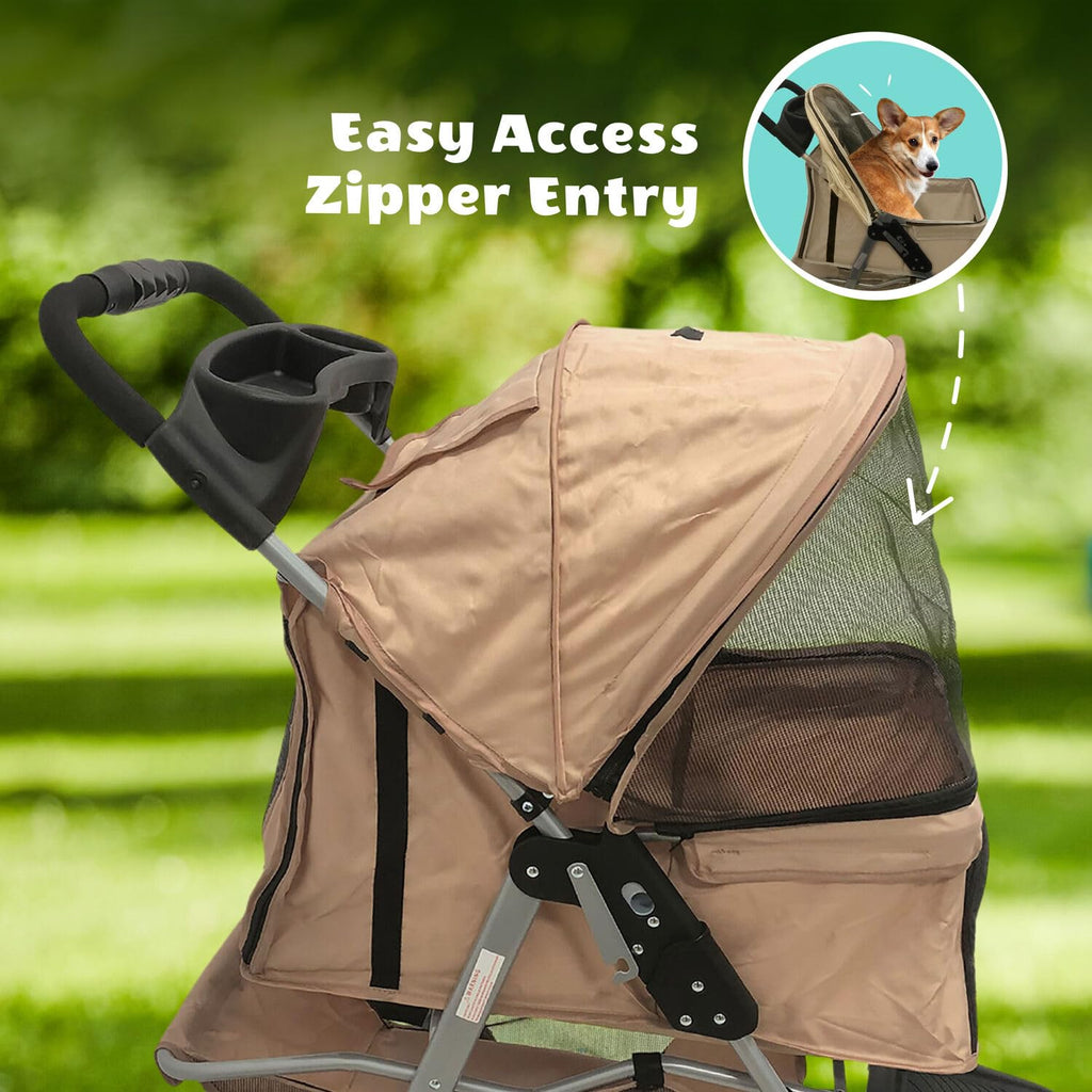 3-Wheel Dog Stroller with Storage Basket and Cup Holders, Tan M588009