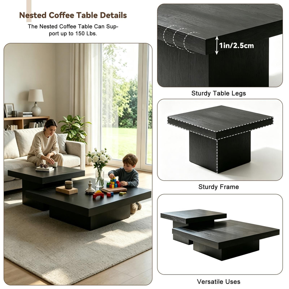 Coffee Table Set of 2 Square Wood Legs L415