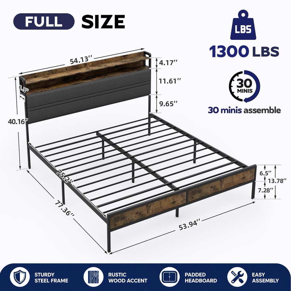 Full Bed Frame with LED Light Storage Headboard and Charging Station J199059