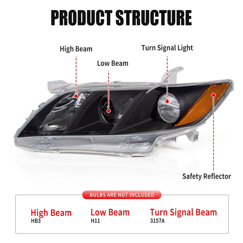 Camry Headlight Assembly Clear Lens Black Housing Left and Right Pair L569