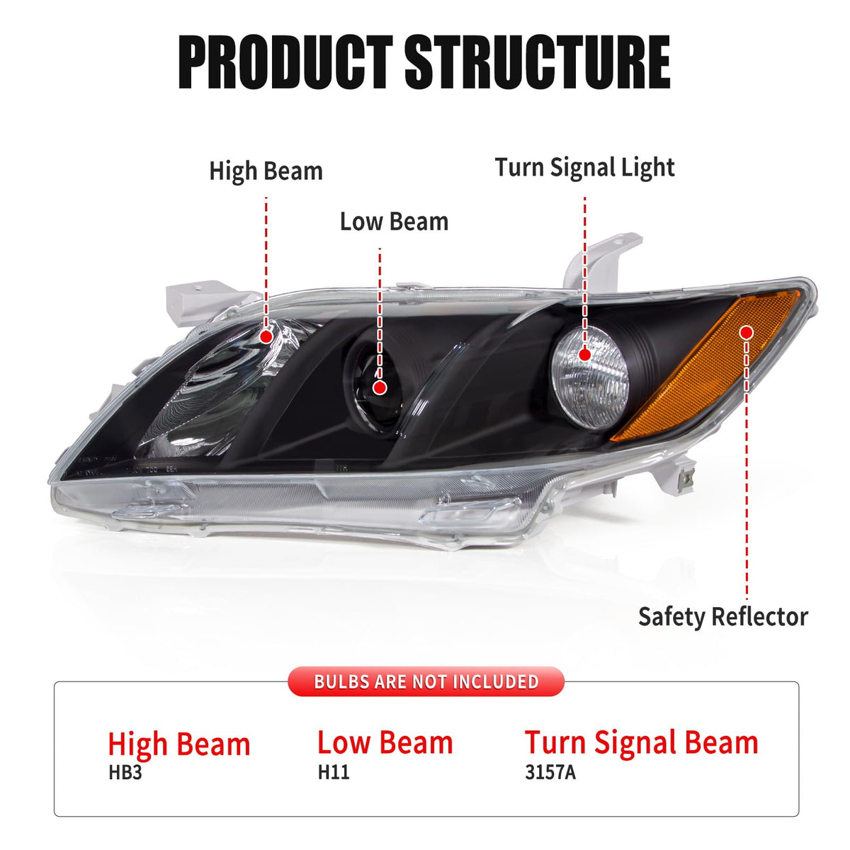 Camry Headlight Assembly Clear Lens Black Housing Left and Right Pair L569