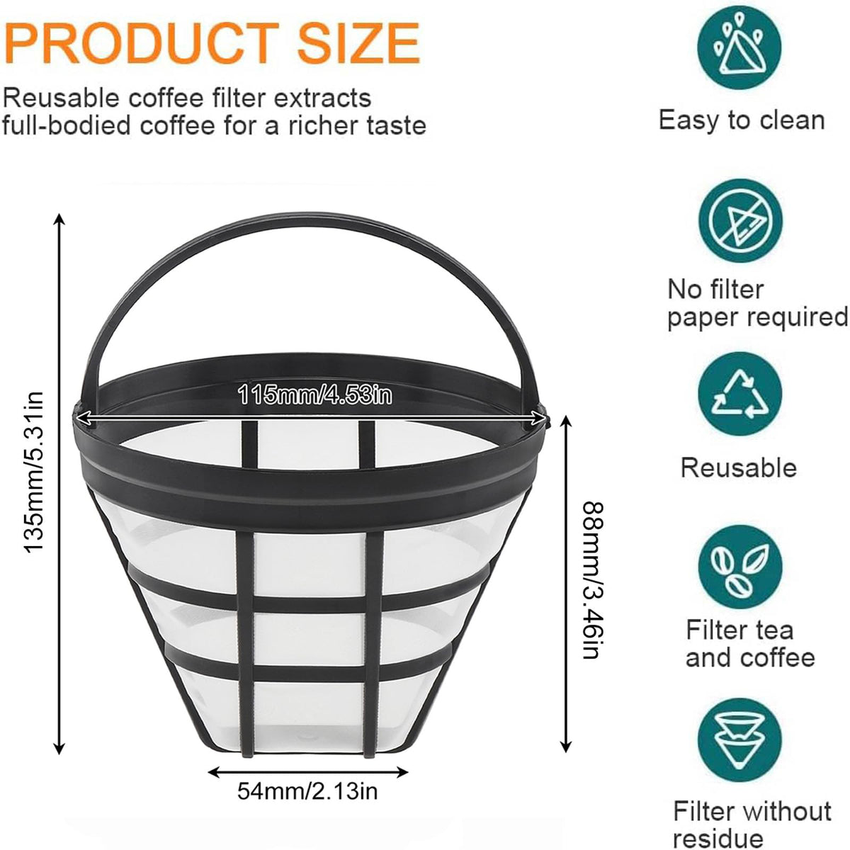 Reusable Cone Coffee Filters 8-12 Cup with Spoon and Brush Y4123