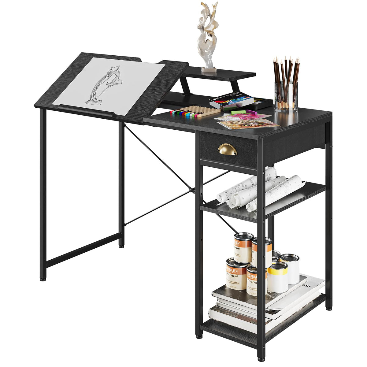 Black Adjustable Drafting Table with Storage Shelves & Drawer K99719