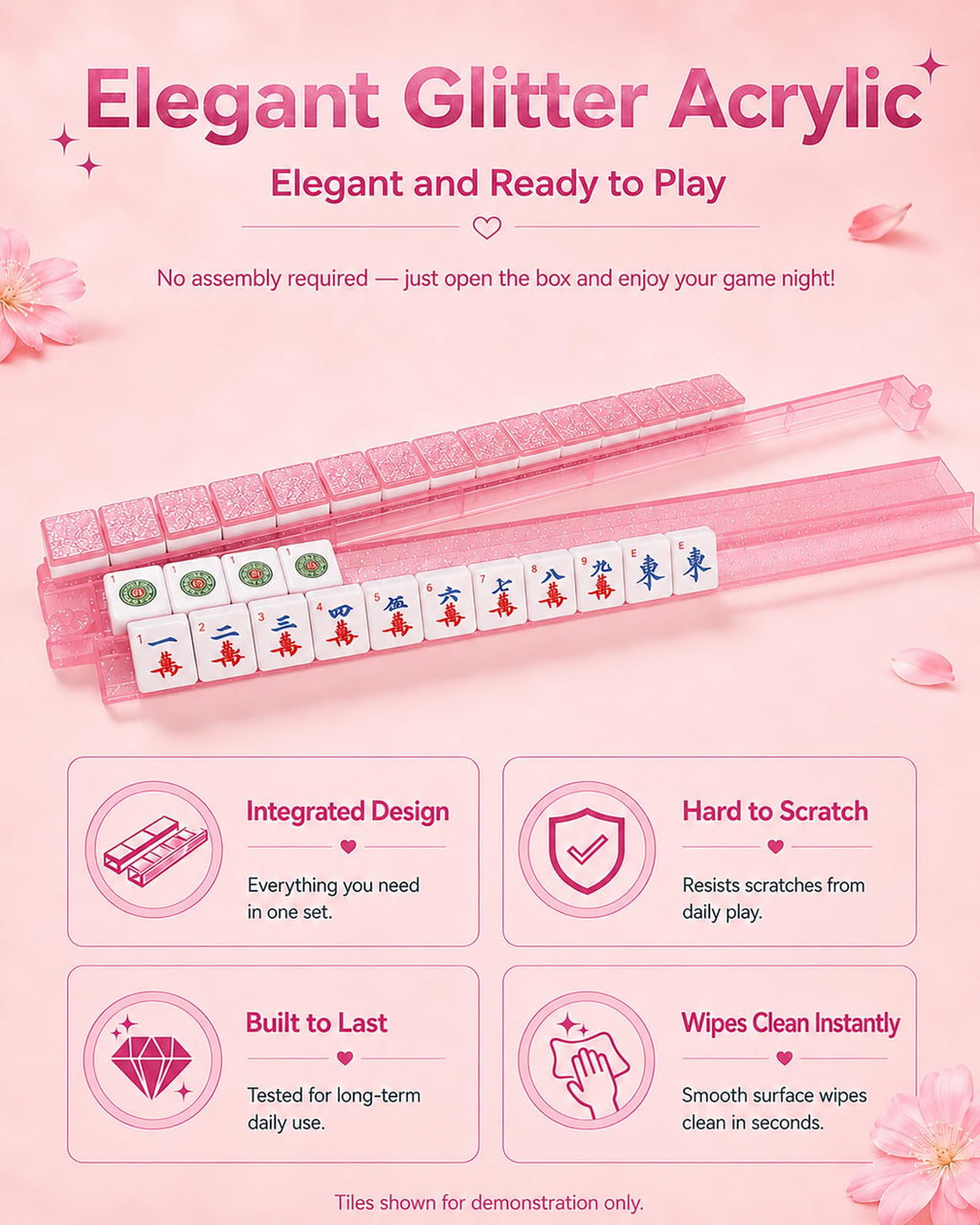 Pink Glitter Acrylic Mahjong Racks with Pushers Set of 4 C922