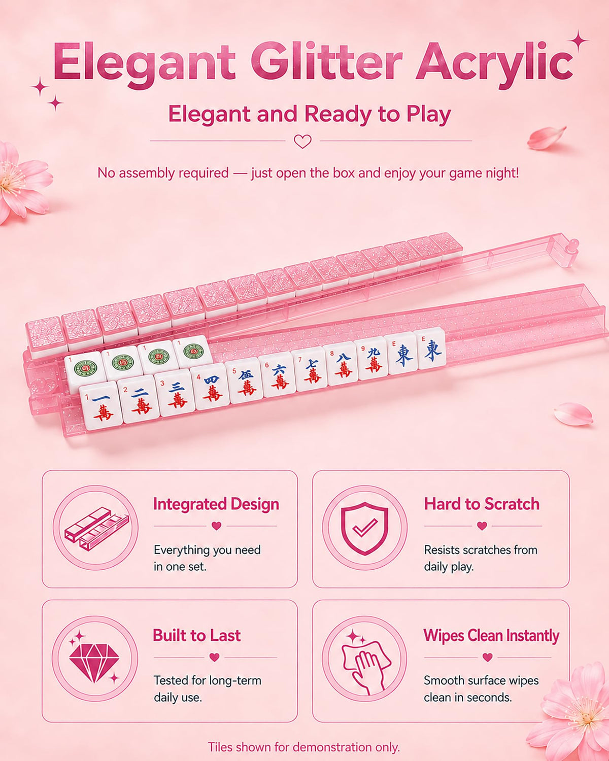 Pink Glitter Acrylic Mahjong Racks with Pushers Set of 4 C922