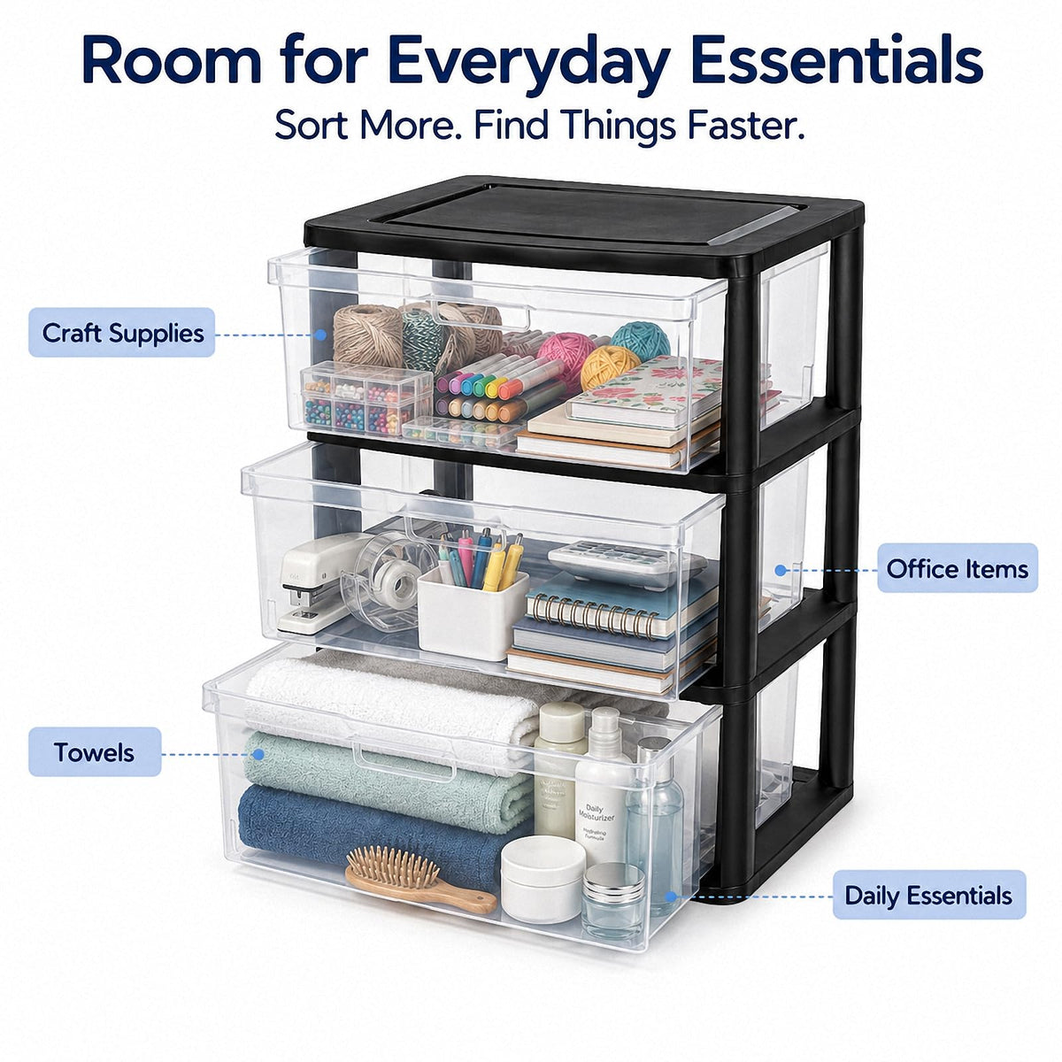 Black 3 Drawer Plastic Storage Tower with Clear Bins E98163