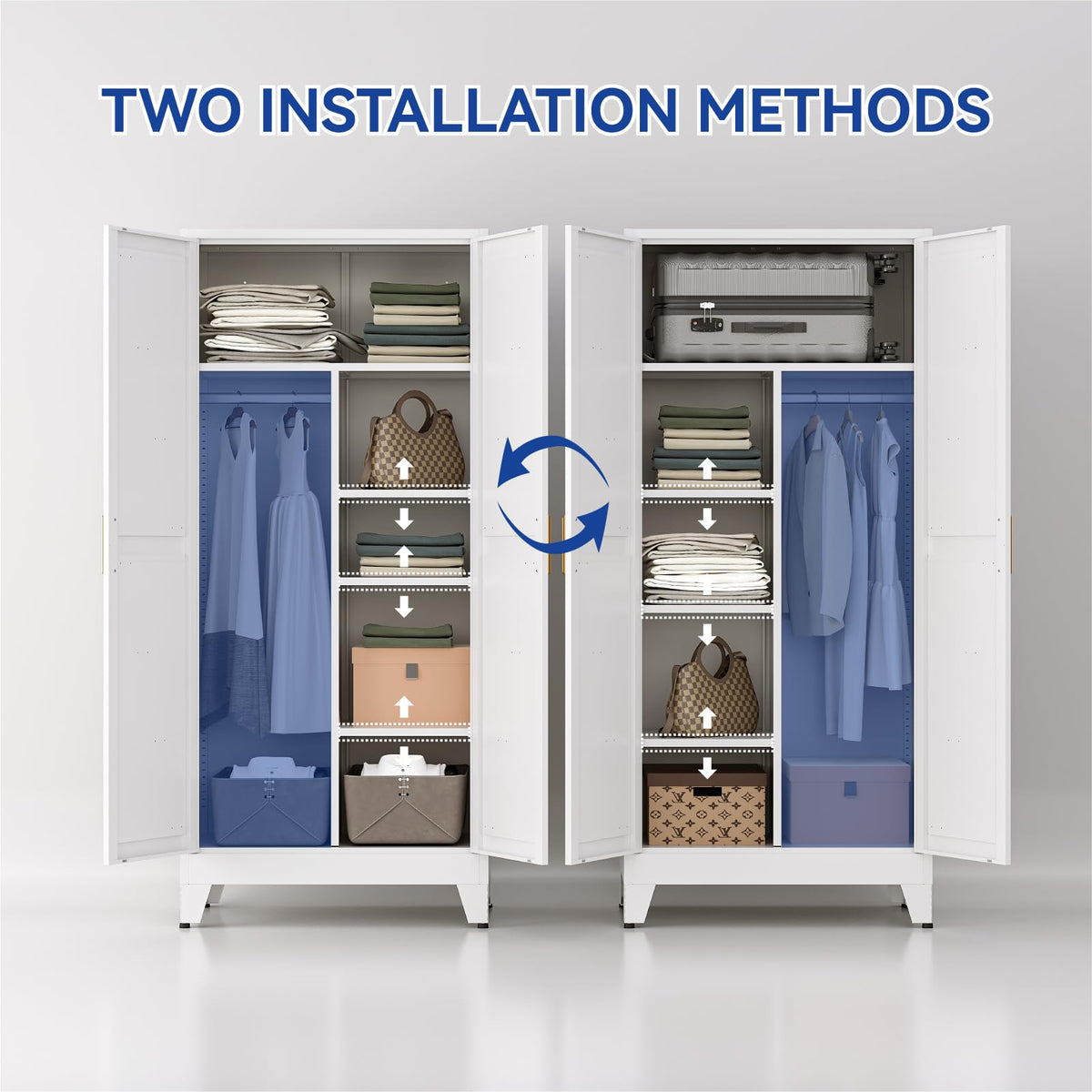 Metal Wardrobe Closet with Doors, 71'' Tall Steel Armoire with Shelves O7531