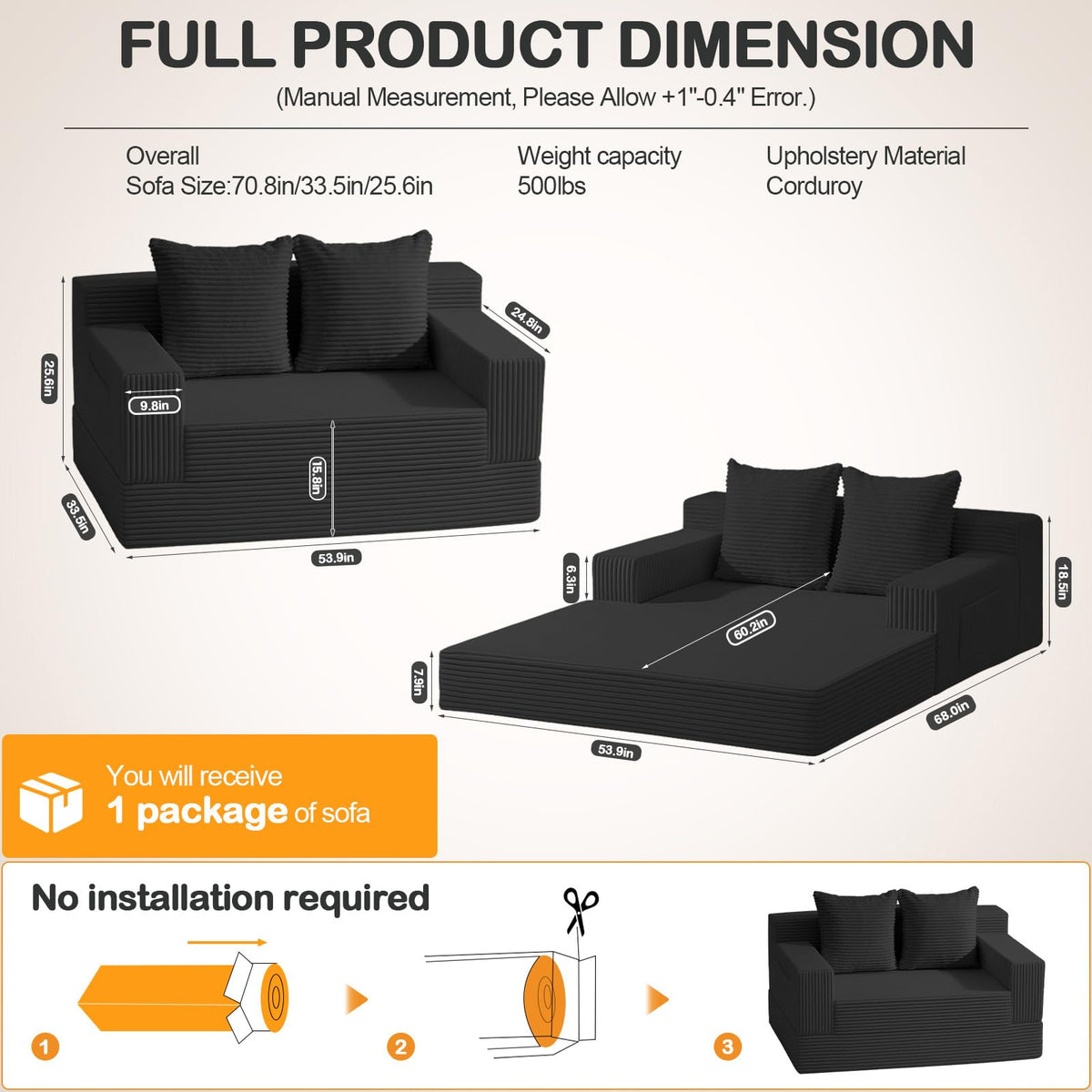 Convertible Folding Floor Futon Sleeper Sofa Bed with 2 Pillows H501