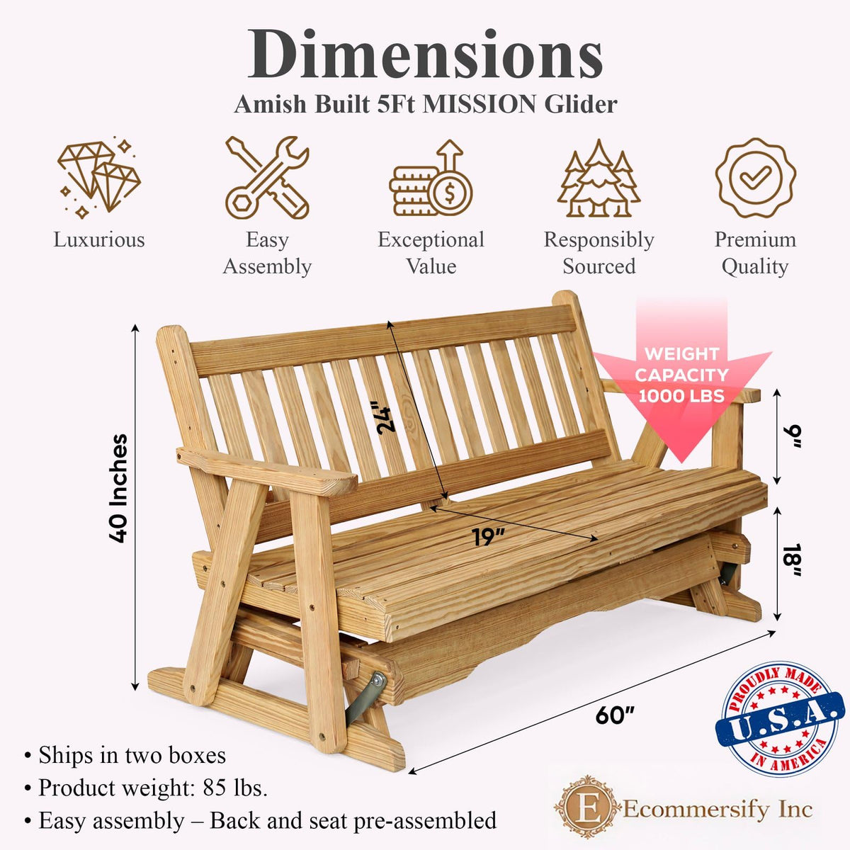 5 FT Natural Solid Pine Wood Glider Bench for 3 Person Z66871