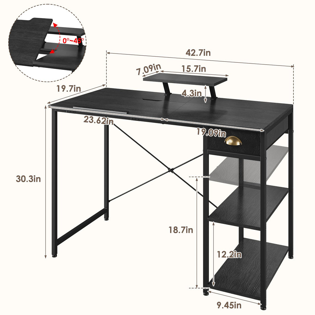 Black Adjustable Drafting Table with Storage Shelves & Drawer K99719
