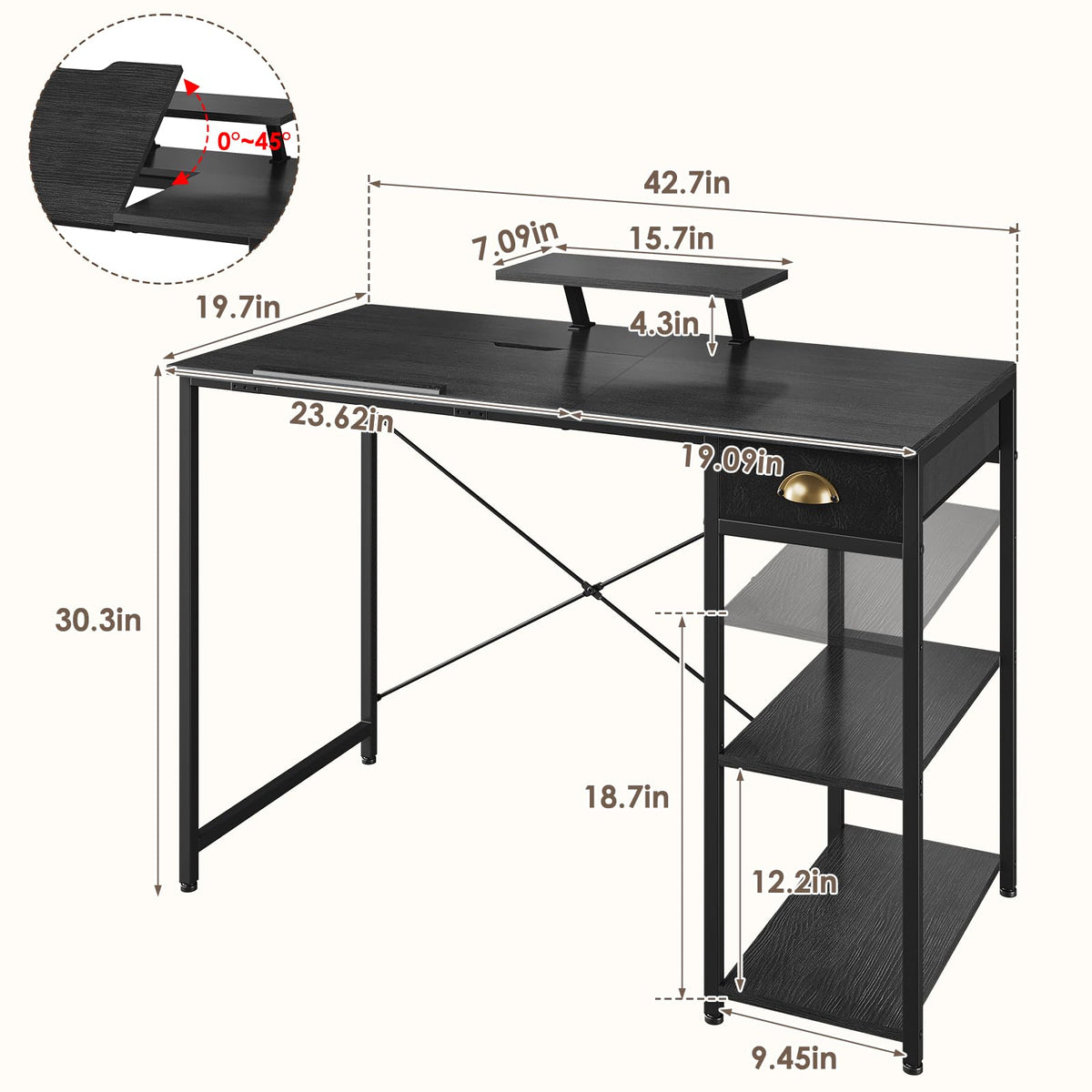 Black Adjustable Drafting Table with Storage Shelves & Drawer K99719