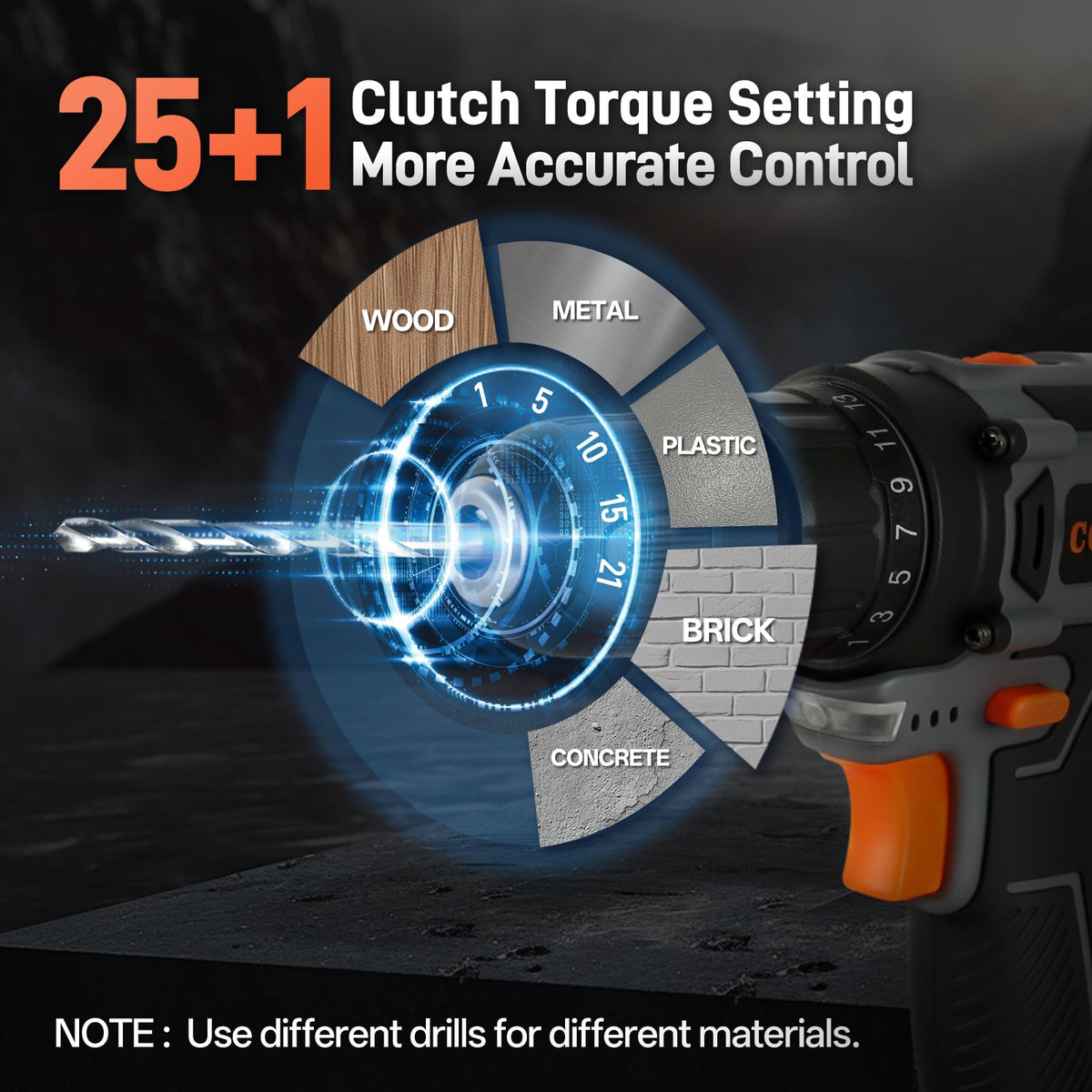 Cordless Drill Set 20V 3/8" Keyless Chuck 2 Variable Speed Orange O370