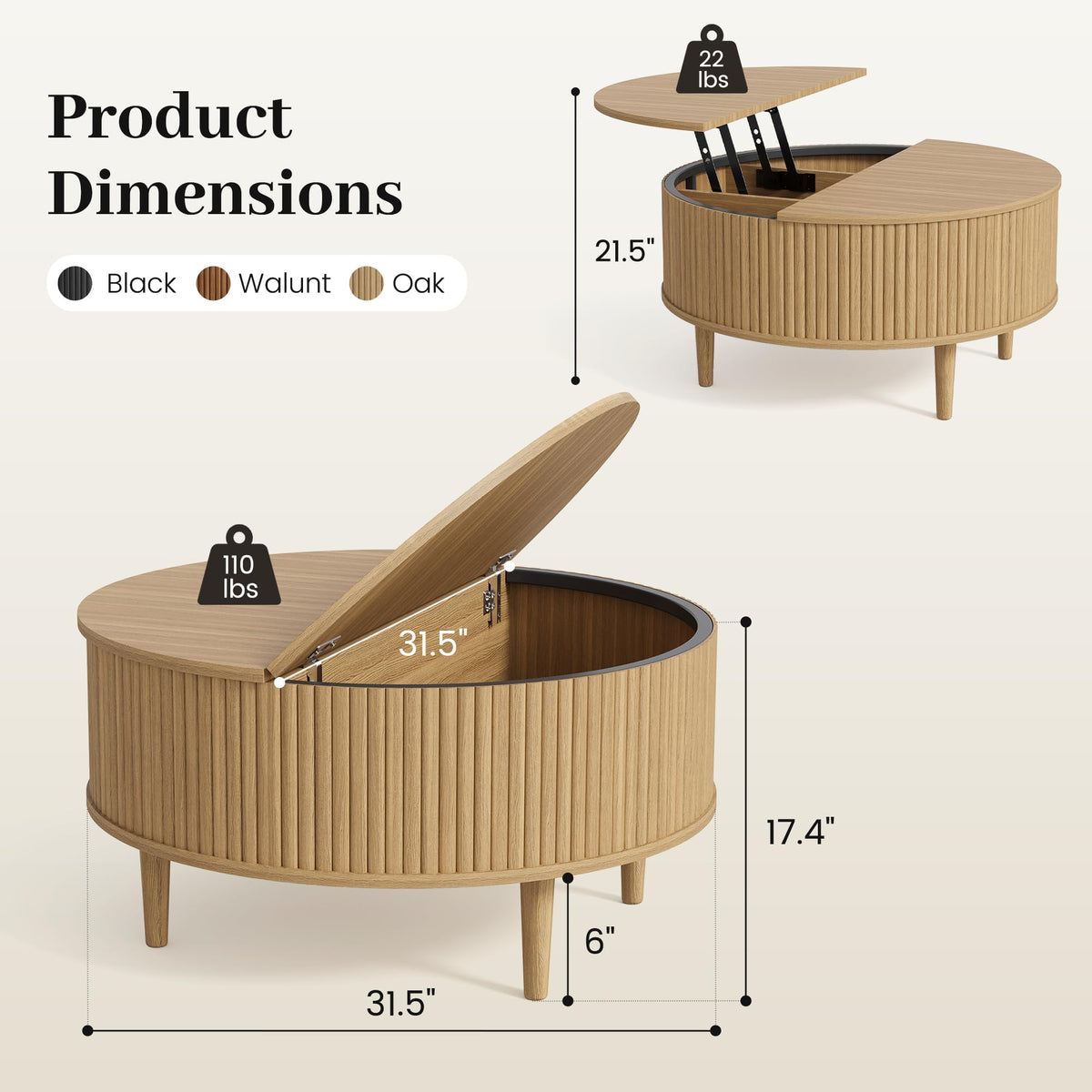 31.5" Round Lifting Top Coffee Table with Storage G685