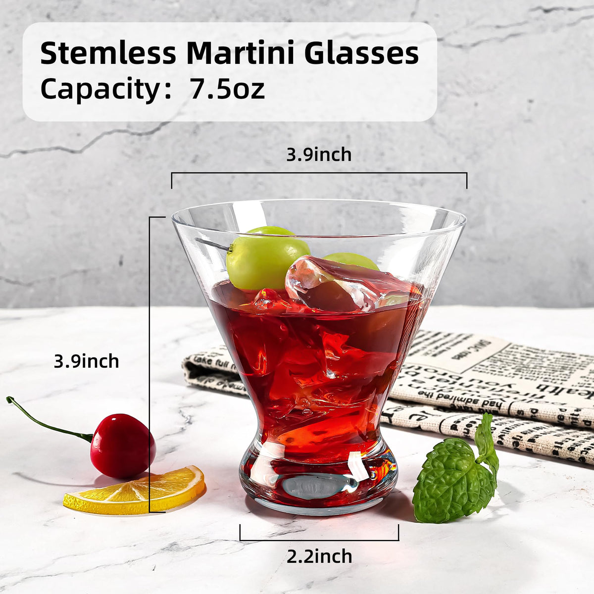 Stemless Martini Glasses Set of 12, 7.5 oz W362