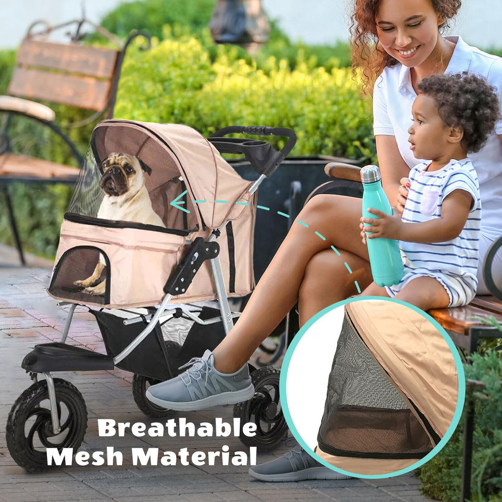 3-Wheel Dog Stroller with Storage Basket and Cup Holders, Tan M588009