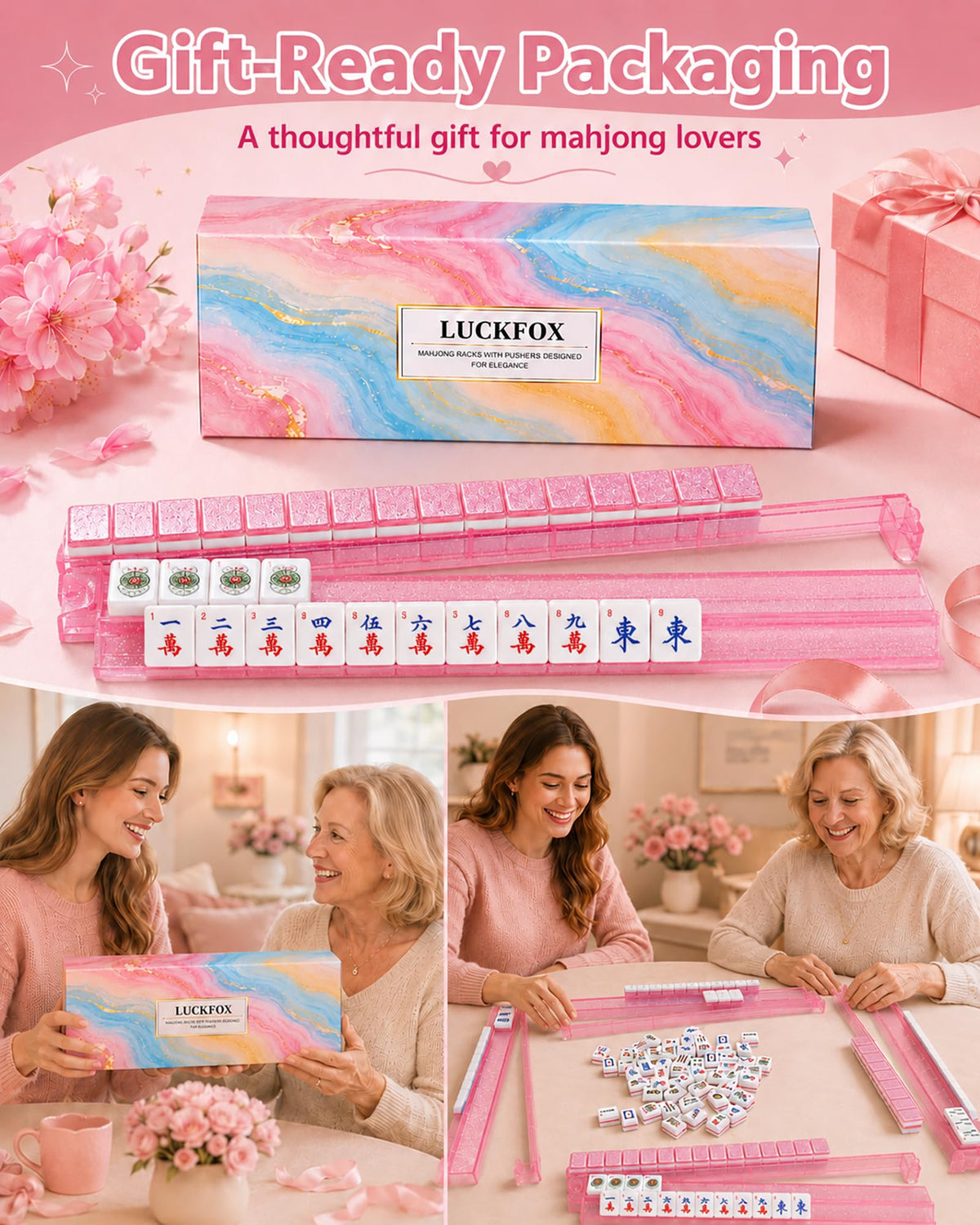Pink Glitter Acrylic Mahjong Racks with Pushers Set of 4 C922