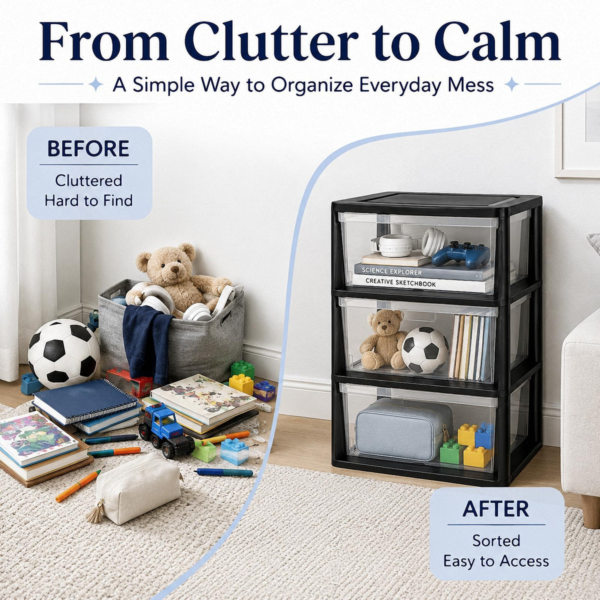 Black 3 Drawer Plastic Storage Tower with Clear Bins E98163