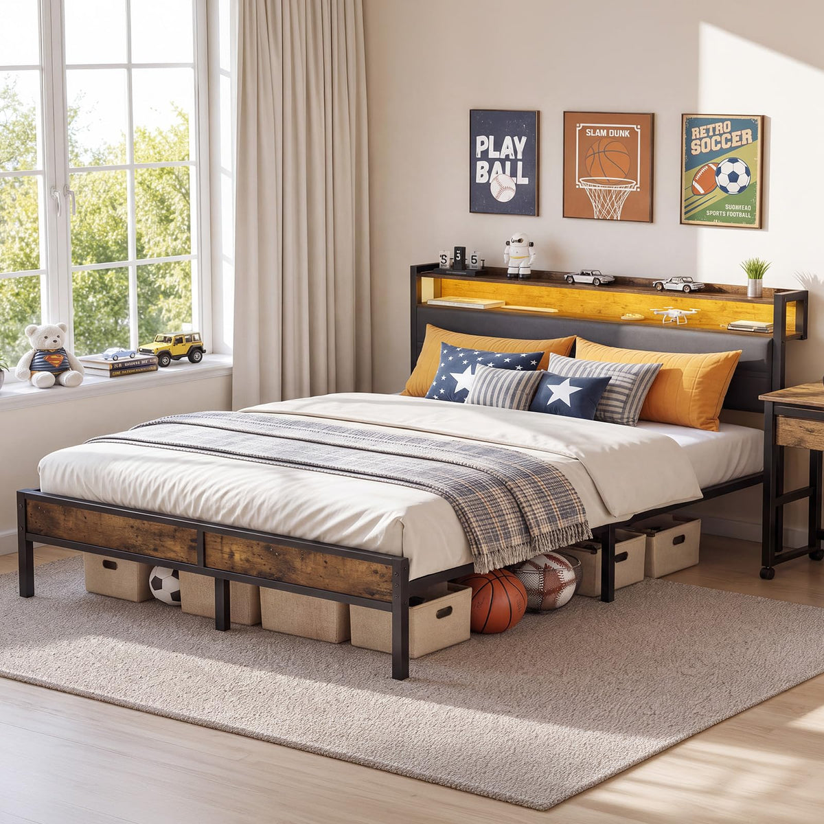 Full Bed Frame with LED Light Storage Headboard and Charging Station J199059