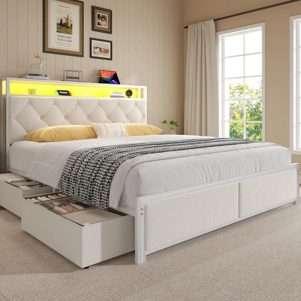 Queen Size Bed Frame with Headboard, Storage Drawers, Charging Station, Led Lights, Metal Structure, Beige N901630