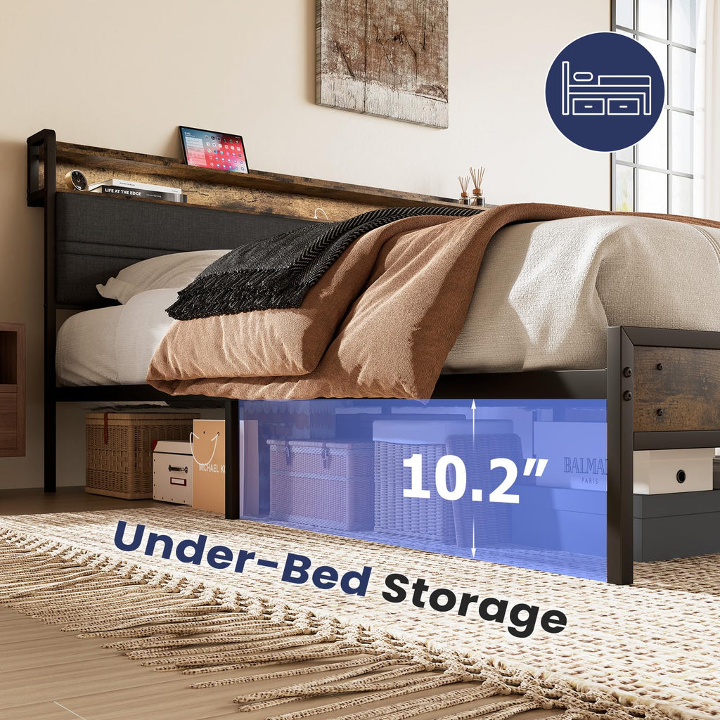 Full Bed Frame with LED Light Storage Headboard and Charging Station J199059