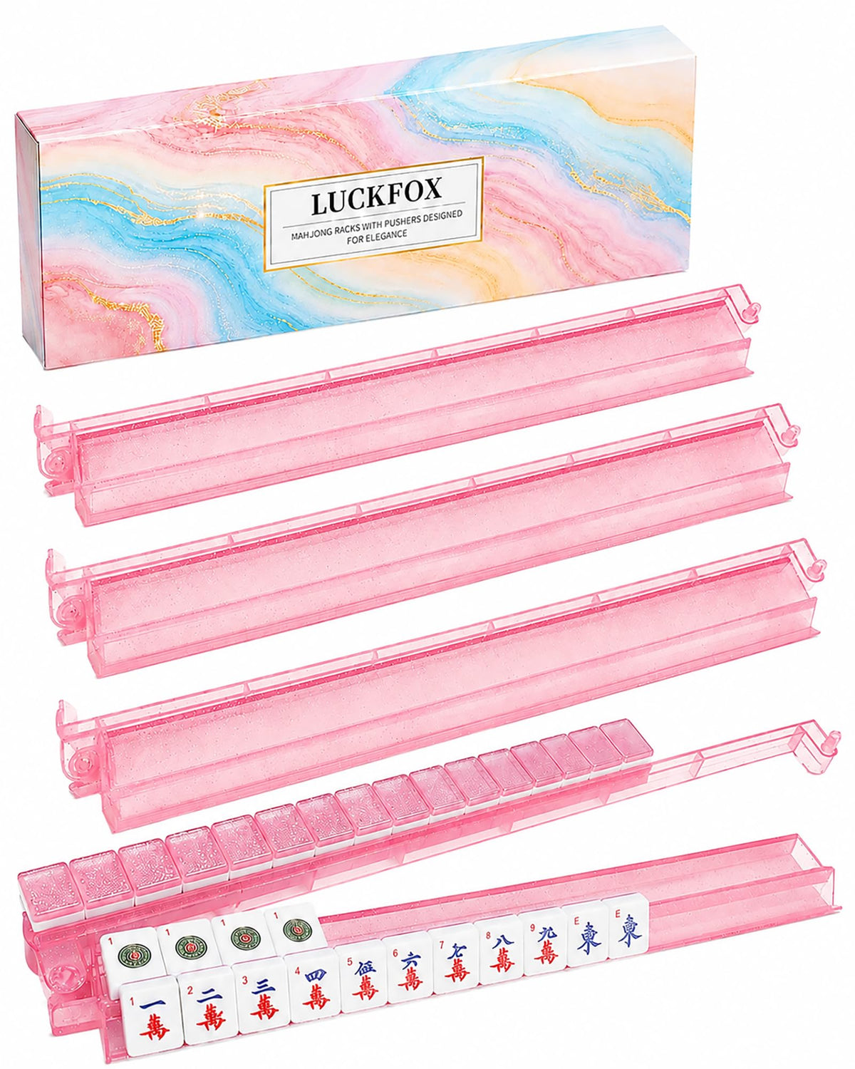 Pink Glitter Acrylic Mahjong Racks with Pushers Set of 4 C922