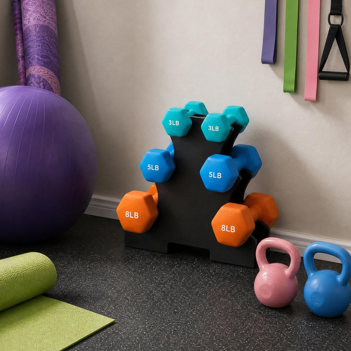 Colored Neoprene Coated Dumbbell Set with Stand, Set of 6 P6197
