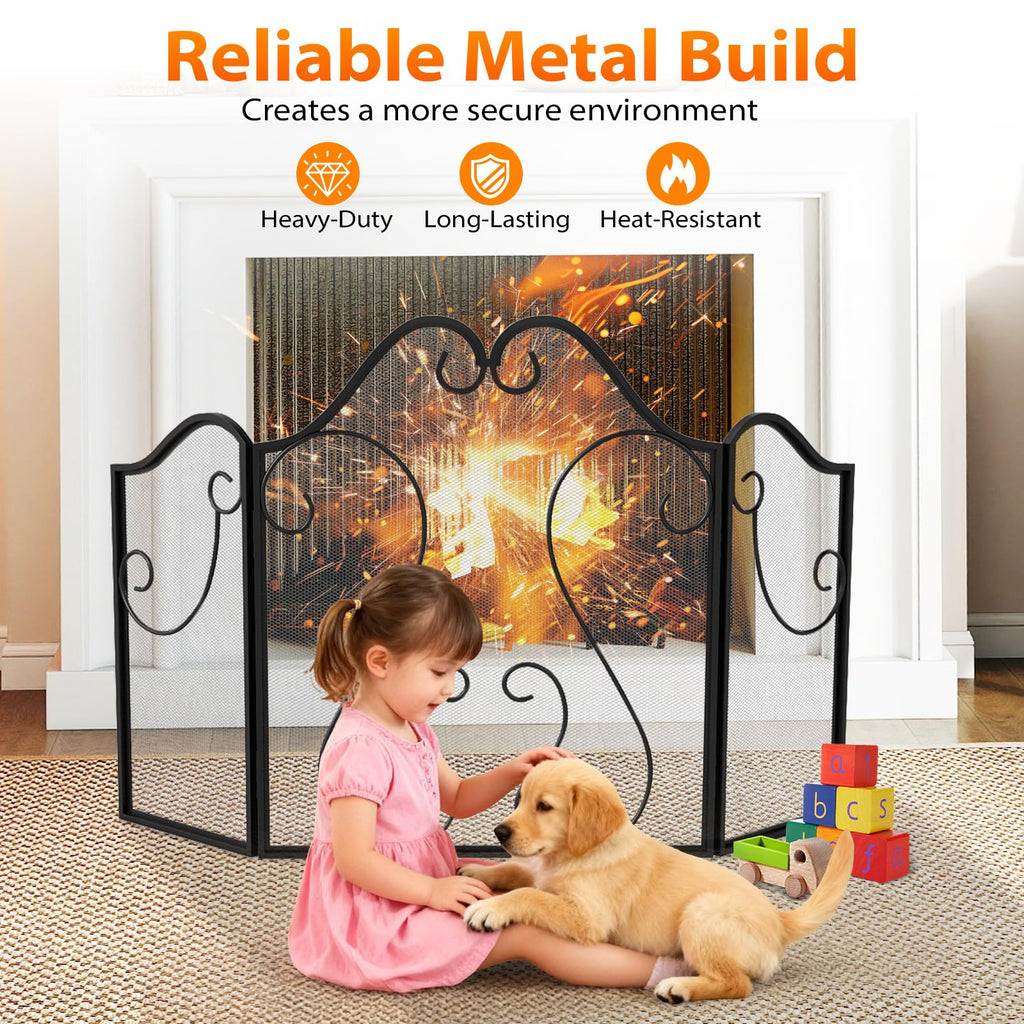 3-Panel Folding Fireplace Screen with Metal Mesh L72980