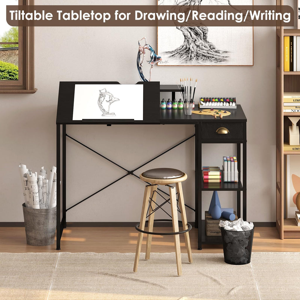 Black Adjustable Drafting Table with Storage Shelves & Drawer K99719
