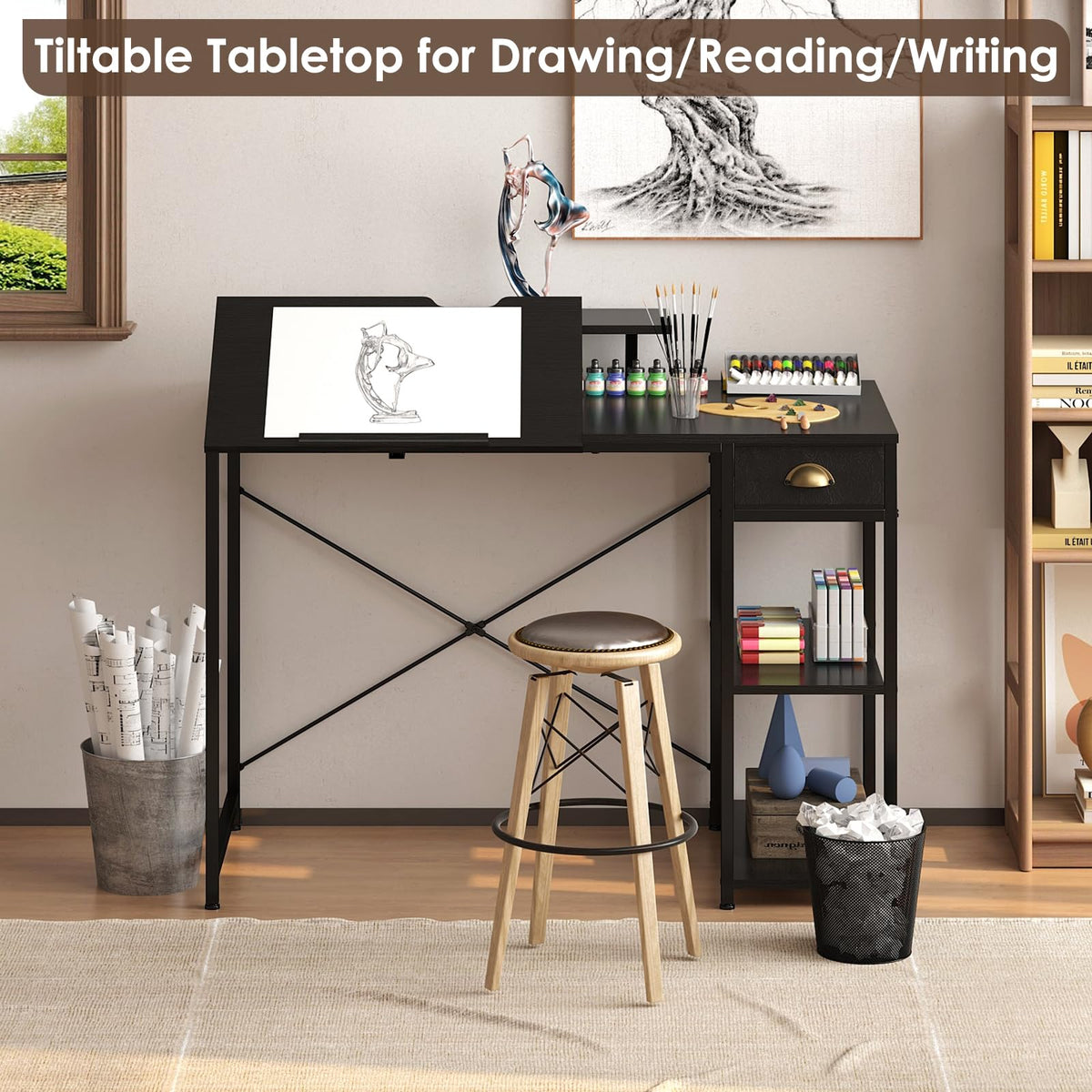 Black Adjustable Drafting Table with Storage Shelves & Drawer K99719
