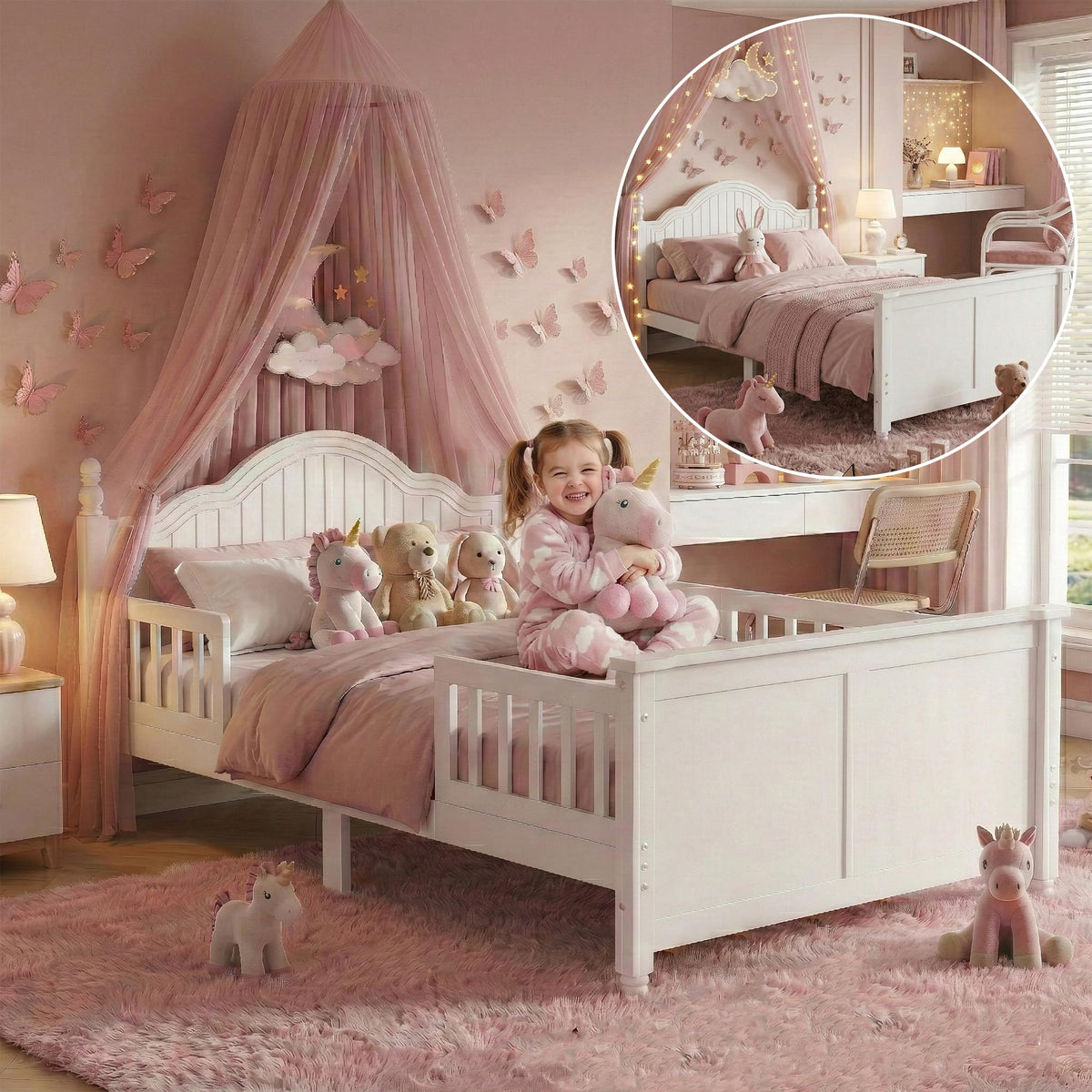 White Twin Bed Frame with Headboard and Rails F94816