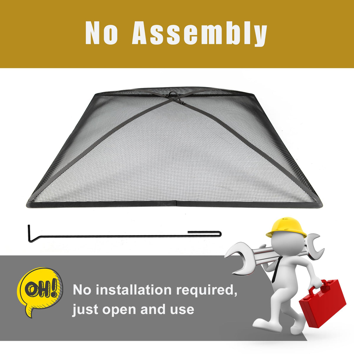32In Square Heavy Duty Fire Pit Screen Cover with Handle and Poker Black E18565