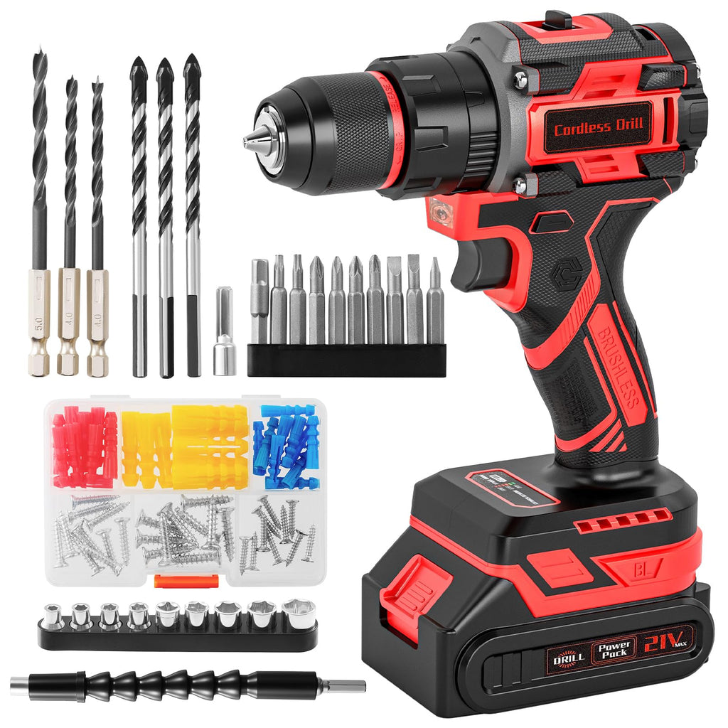 21V Brushless Cordless Drill Set with Charger, 3/8" Keyless Chuck, 87Pcs Accessories E6834