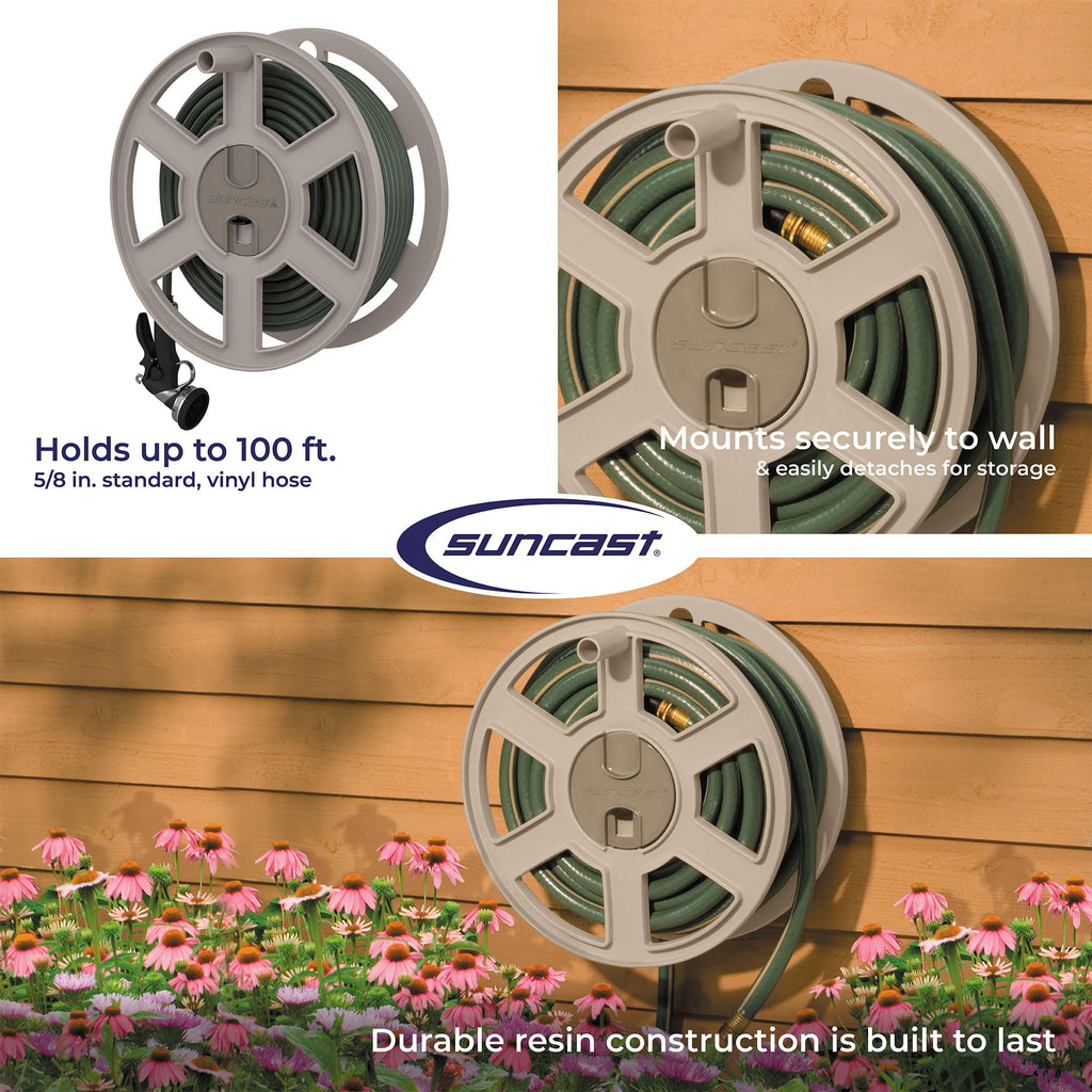 Wall Mount Garden Hose Reel 100 Feet Capacity Light Taupe Resin Z262