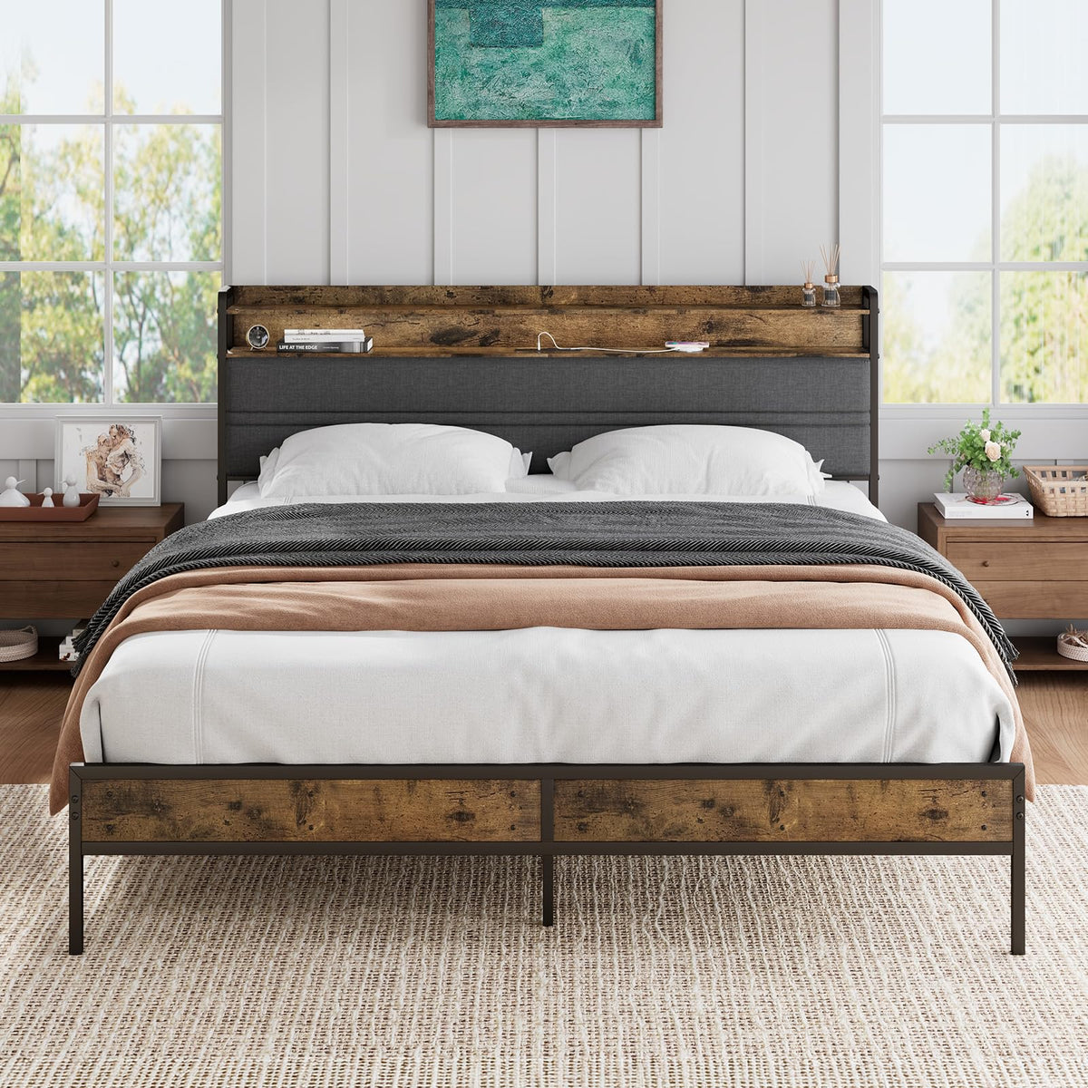 Full Bed Frame with LED Light Storage Headboard and Charging Station J199059