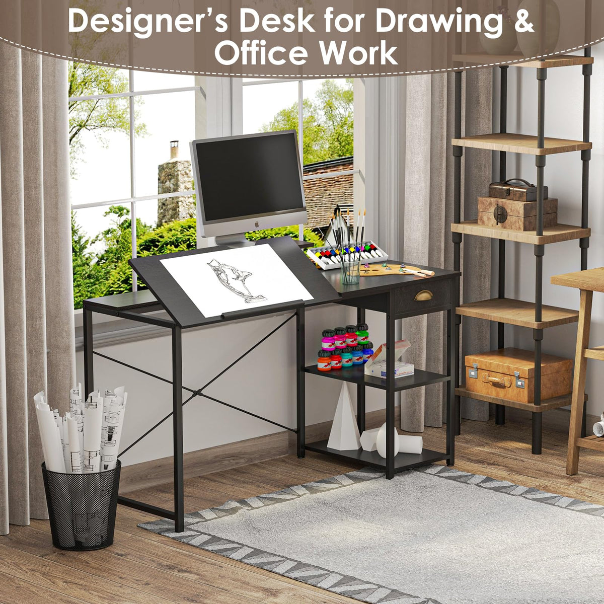 Black Adjustable Drafting Table with Storage Shelves & Drawer K99719