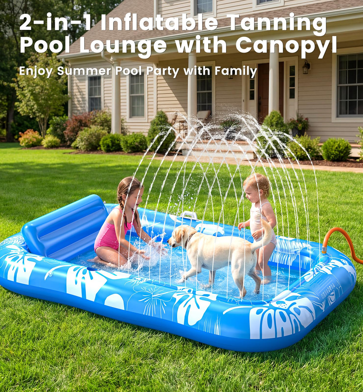 Inflatable Tanning Pool Lounger Float with Sprinkler, Pillow & Cup Holder J51529