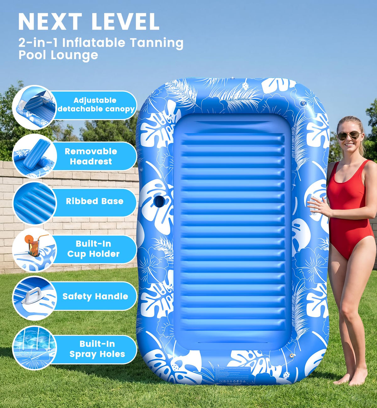 Inflatable Tanning Pool Lounger Float with Sprinkler, Pillow & Cup Holder J51529