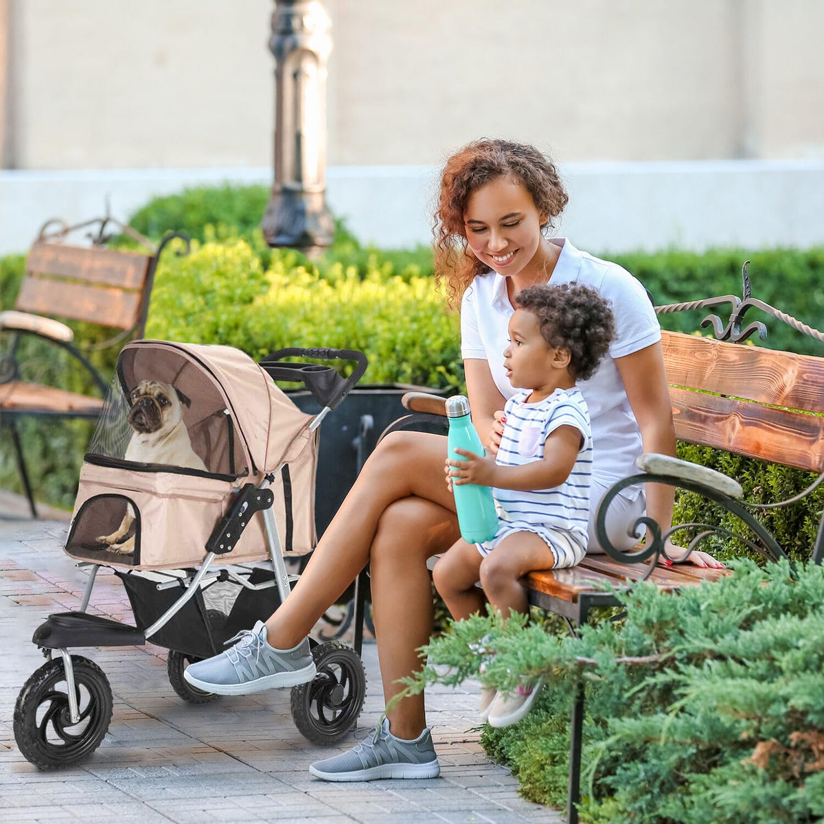 3-Wheel Dog Stroller with Storage Basket and Cup Holders, Tan M588009