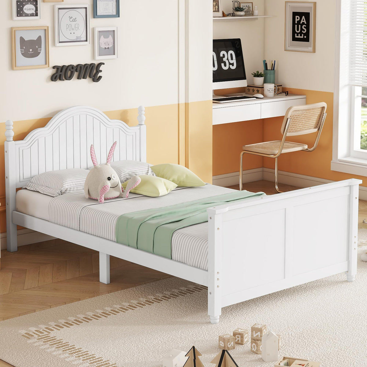 White Twin Bed Frame with Headboard and Rails F94816