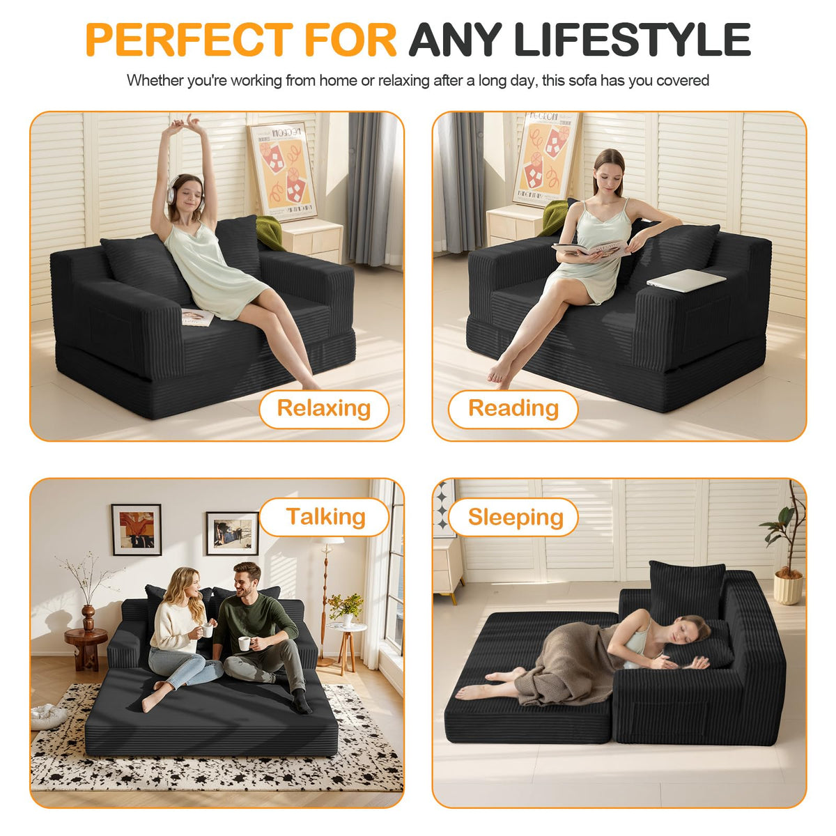 Convertible Folding Floor Futon Sleeper Sofa Bed with 2 Pillows H501