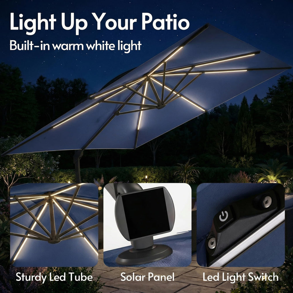 11x11ft Solar Powered Led Cantilever Umbrella with Base U89692