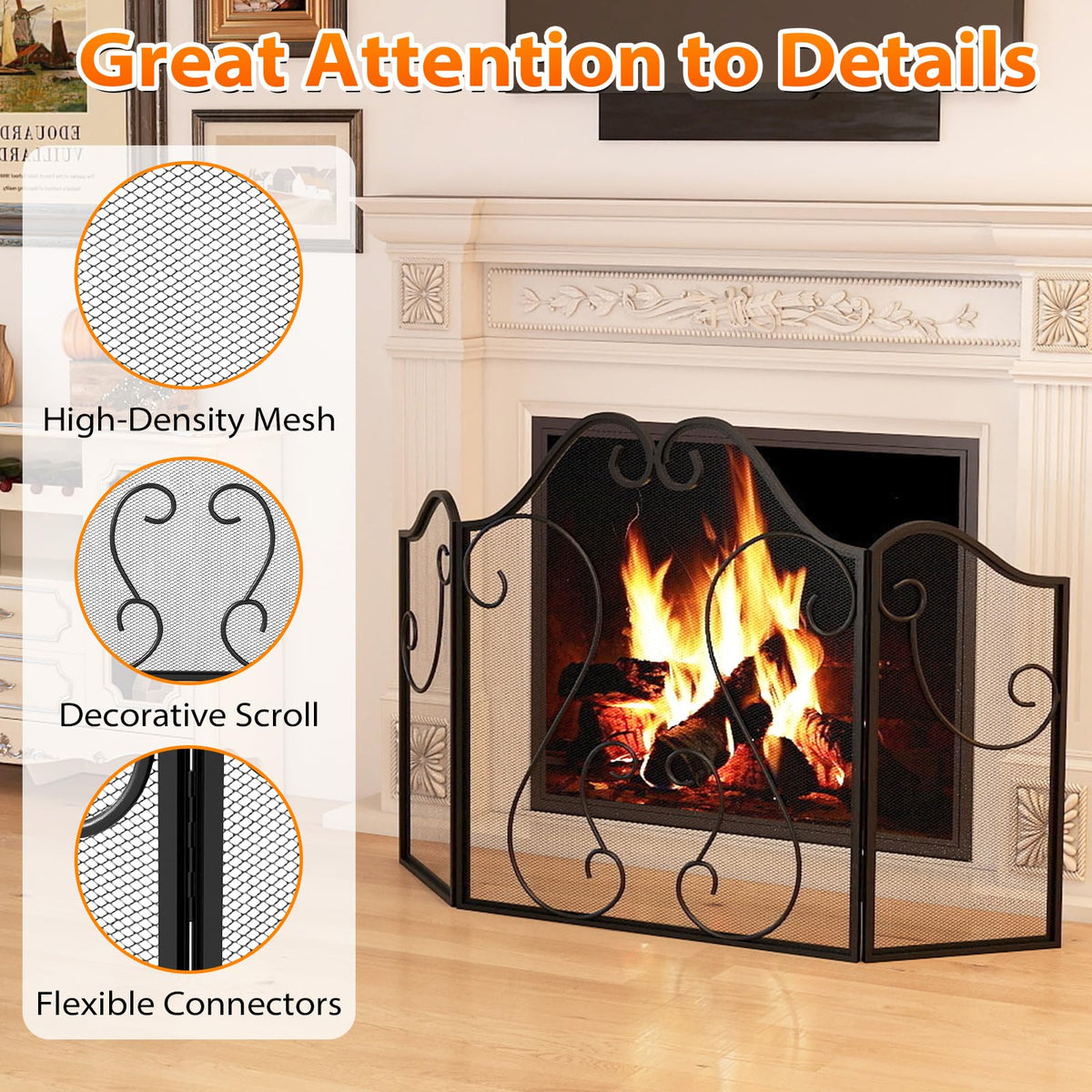 3-Panel Folding Fireplace Screen with Metal Mesh L72980