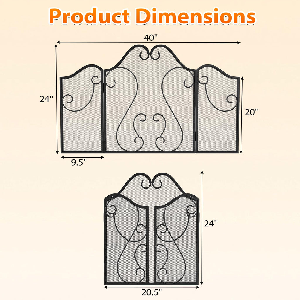 3-Panel Folding Fireplace Screen with Metal Mesh L72980