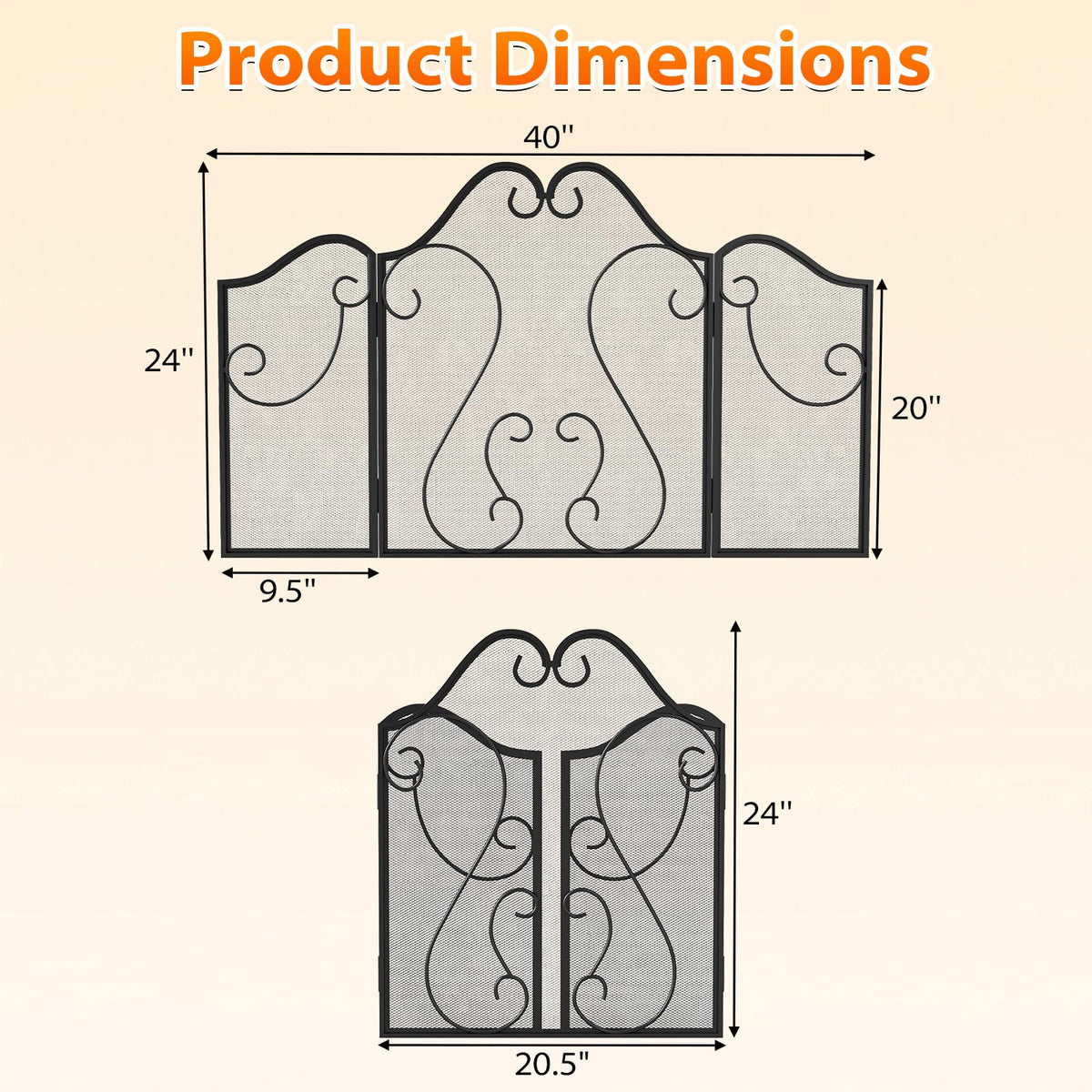 3-Panel Folding Fireplace Screen with Metal Mesh L72980