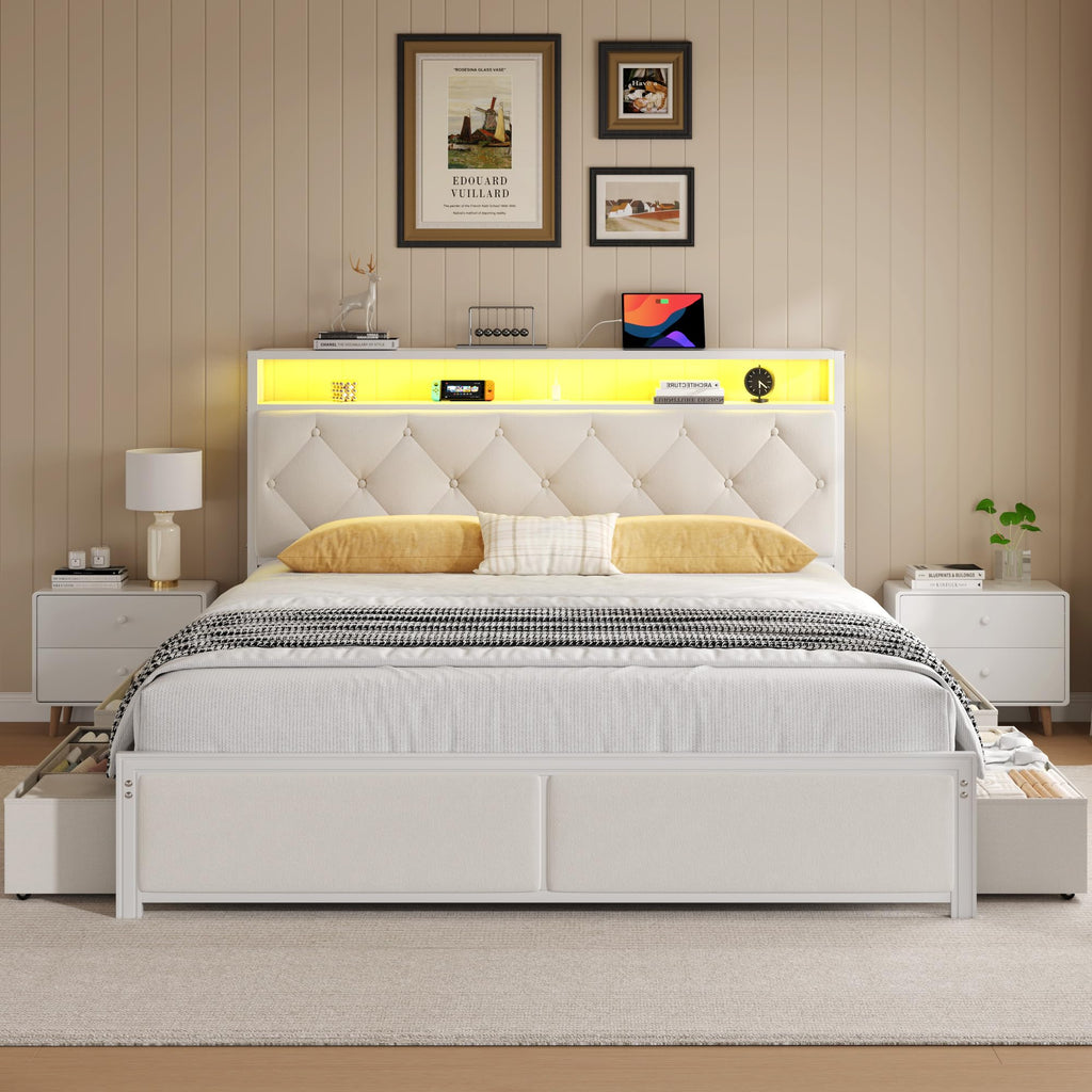 Queen Size Bed Frame with Headboard, Storage Drawers, Charging Station, Led Lights, Metal Structure, Beige N901630
