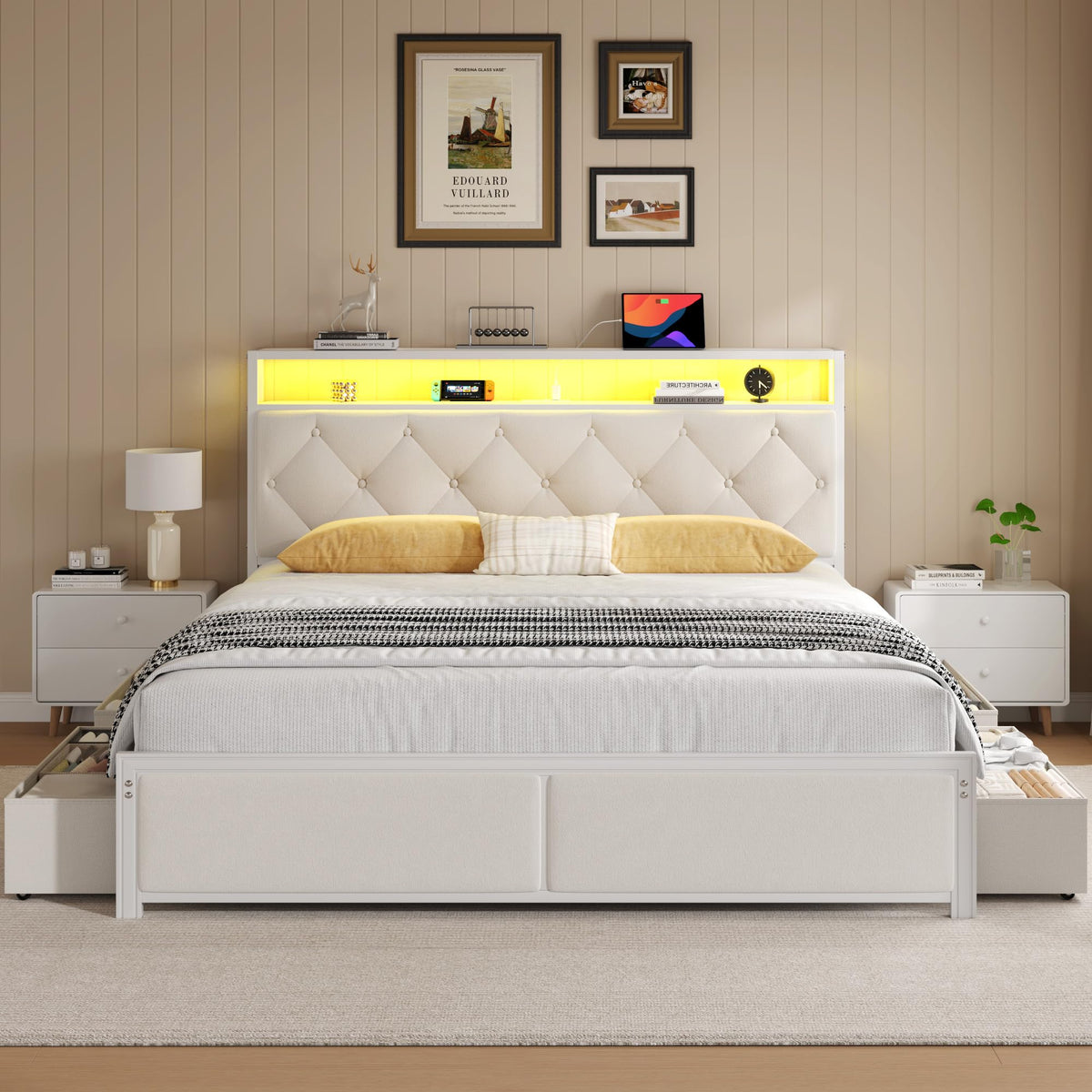 Queen Size Bed Frame with Headboard, Storage Drawers, Charging Station, Led Lights, Metal Structure, Beige N901630