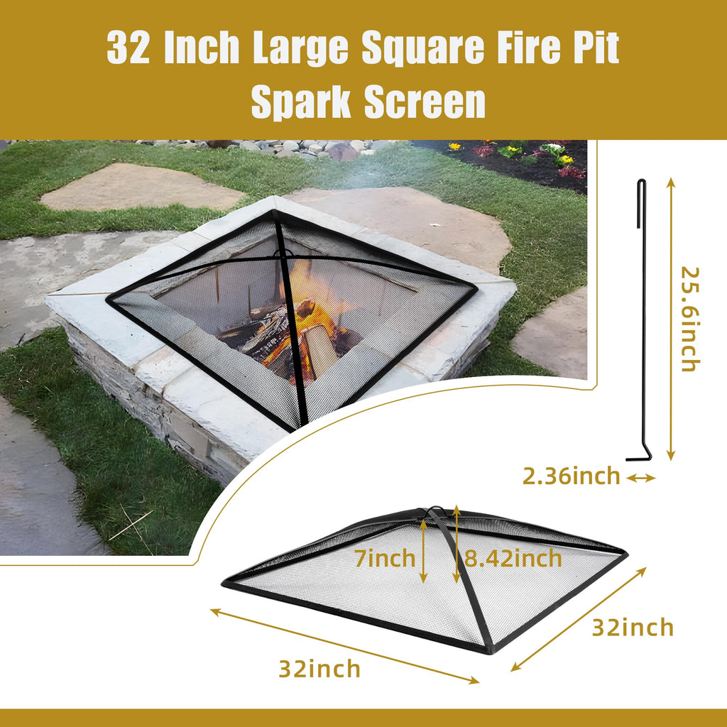 32In Square Heavy Duty Fire Pit Screen Cover with Handle and Poker Black E18565