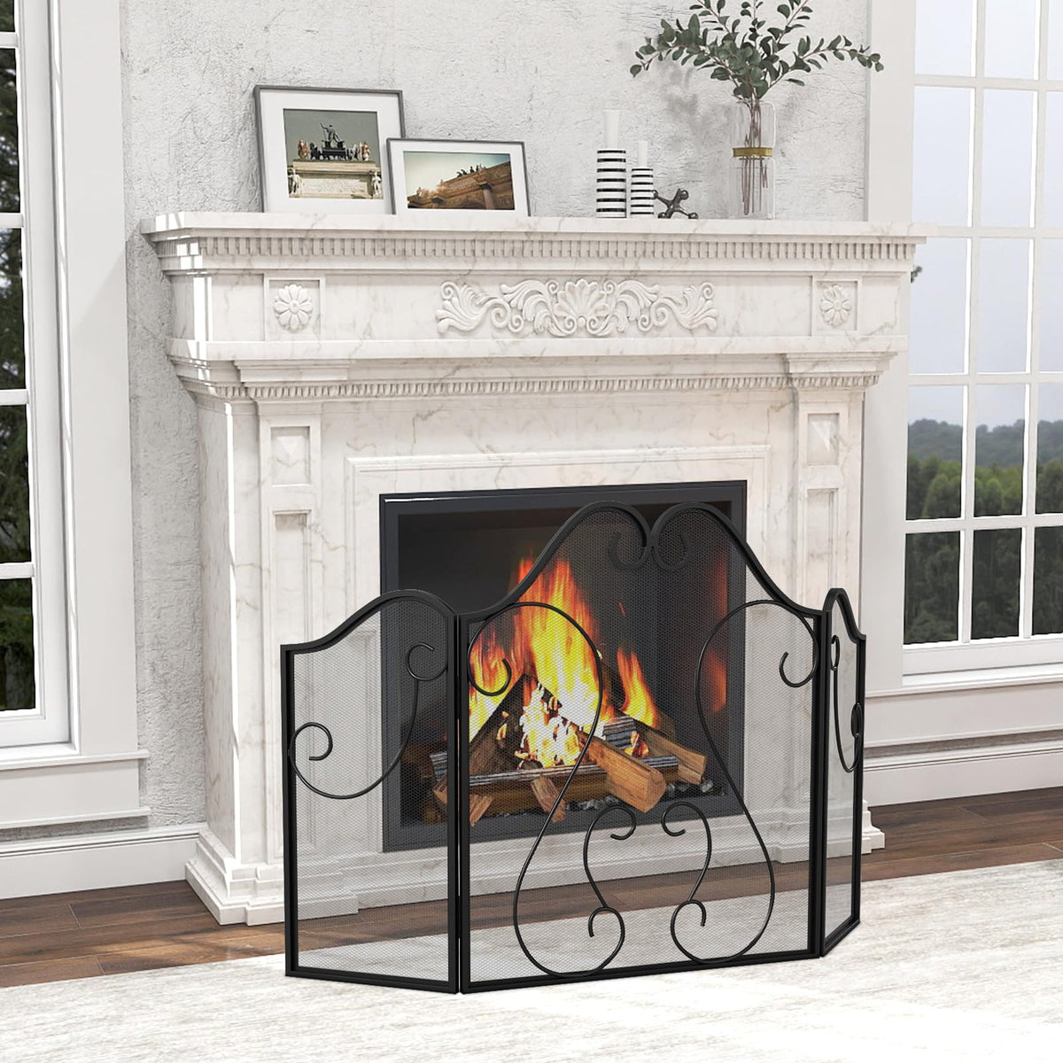 3-Panel Folding Fireplace Screen with Metal Mesh L72980