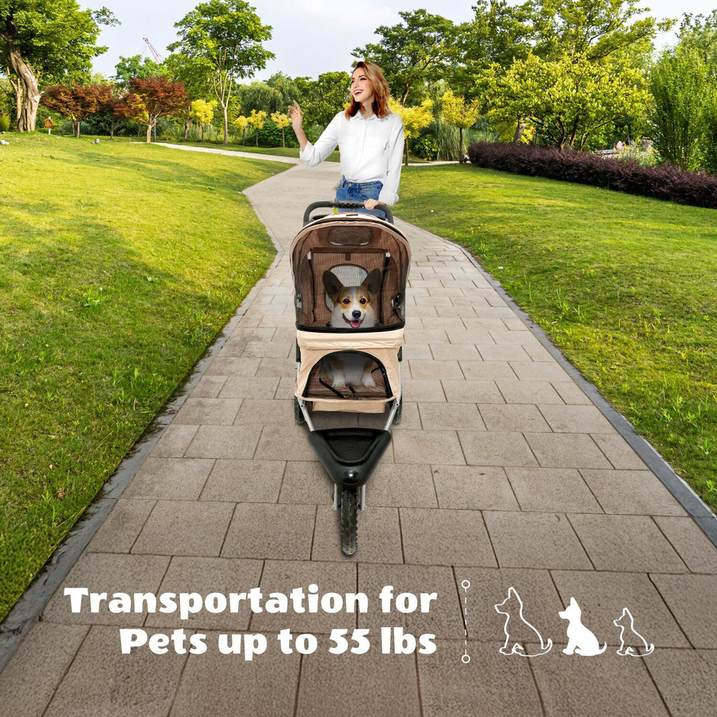 3-Wheel Dog Stroller with Storage Basket and Cup Holders, Tan M588009